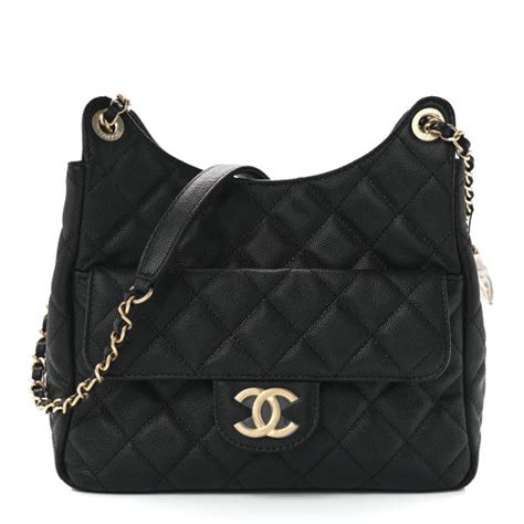 CHANEL Caviar Quilted Wavy CC Hobo Black 